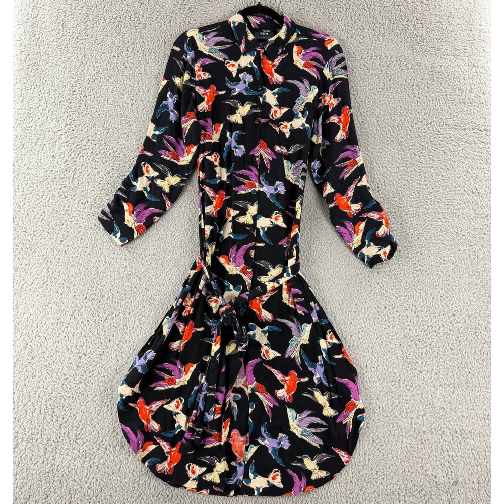 Maeve Shirt Dress Women 8 Black Bird Print Belted Midi Anthropologie Long Sleeve